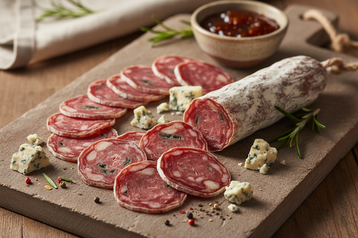 sliced sausage on stone cutting boards Saucisson Sec Au Bleu D'Auvergne