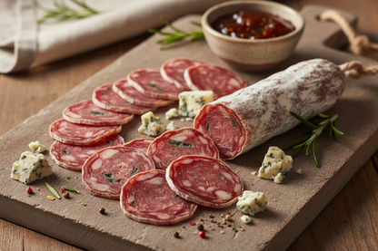 sliced sausage on stone cutting boards Saucisson Sec Au Bleu D'Auvergne